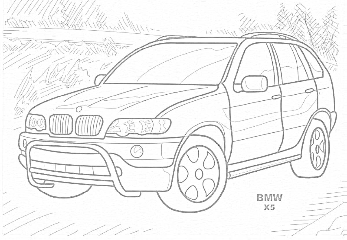 Раскраска BMW X5 на фоне гор и деревьев