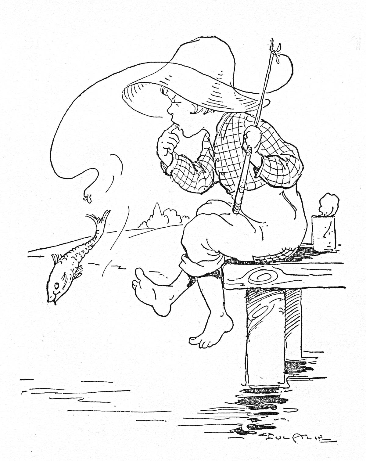 Раскраска Мальчик в шляпе с удочкой ловит рыбу на пирсе