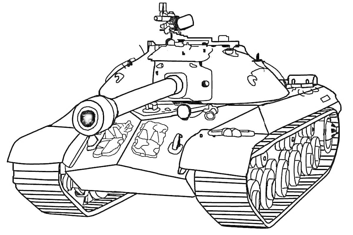 Раскраска Танковая раскраска с пушкой, гусеницами, броней, амуницией на крыше, прицелом и антеннами