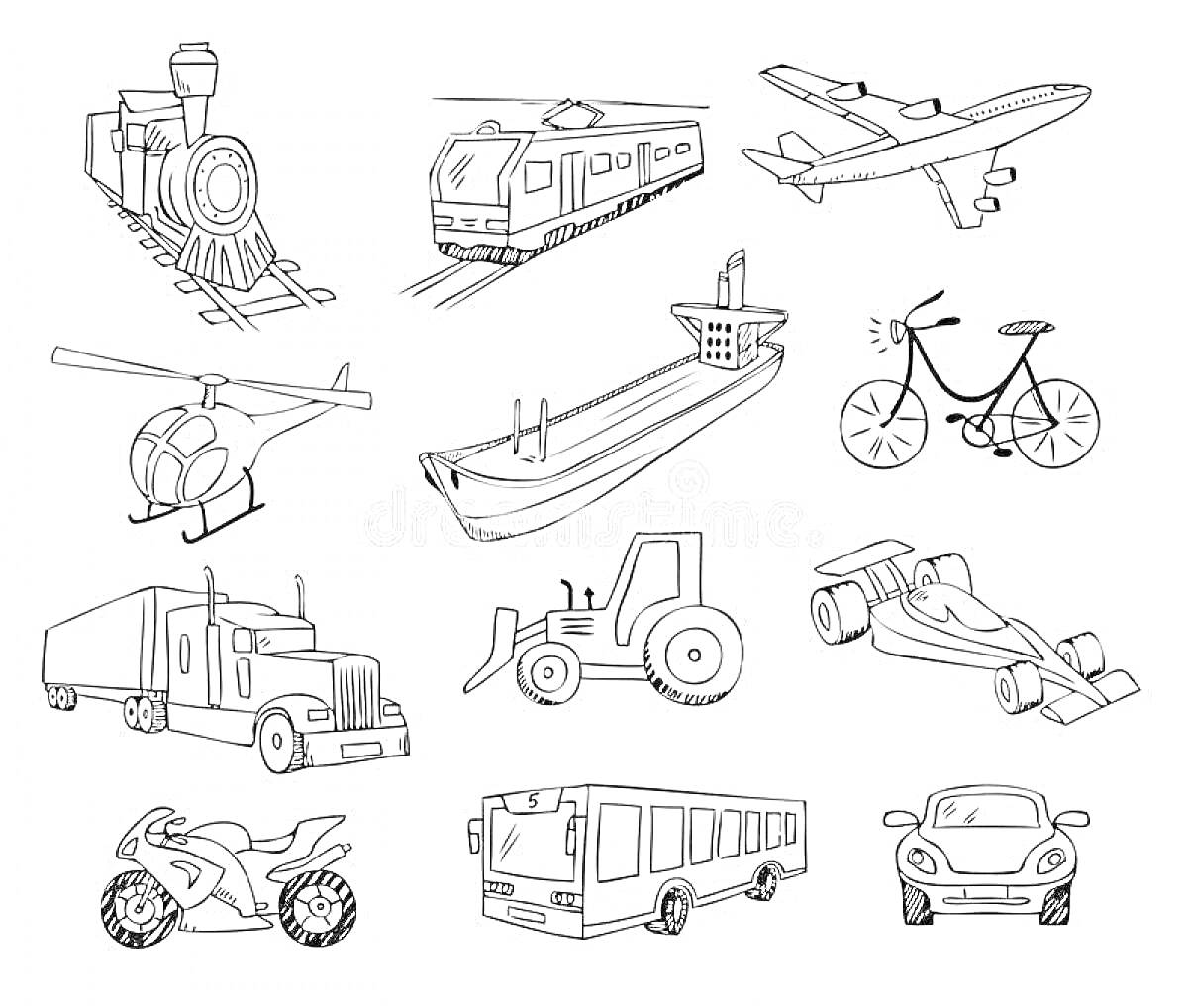 На раскраске изображено: Транспорт, Паровоз, Поезд, Вертолет, Корабль, Велосипед, Трактор, Мотоцикл, Автобус
