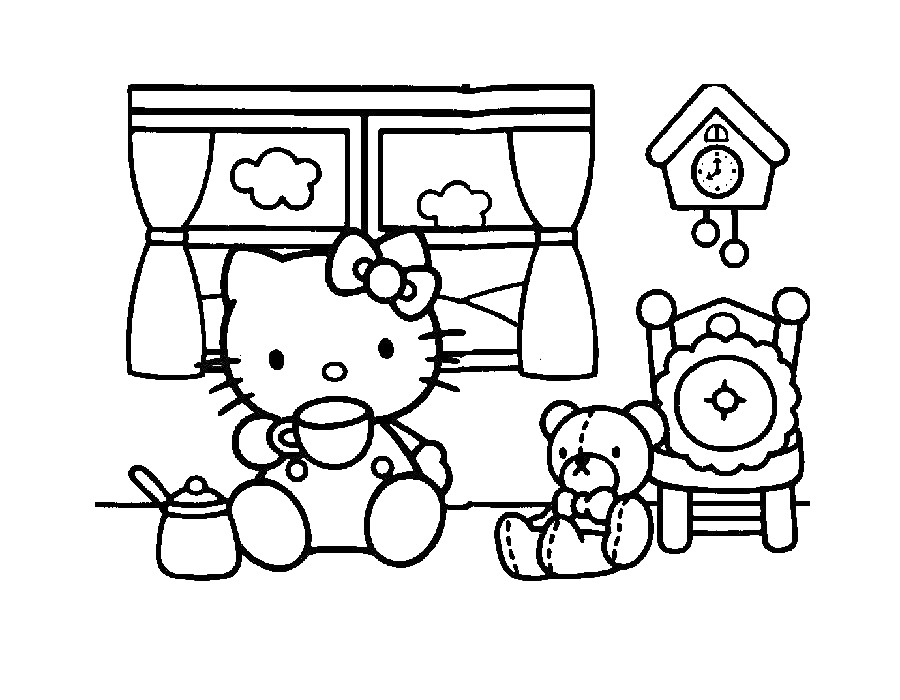 Раскраска Китти сидит с чашкой, плюшевый медведь, стул с подушкой, окно с занавесками и часы с кукушкой на стене