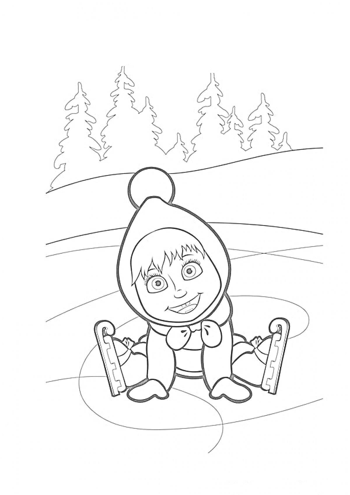 Маша в шапке на коньках на замерзшем пруду с лесом на заднем плане