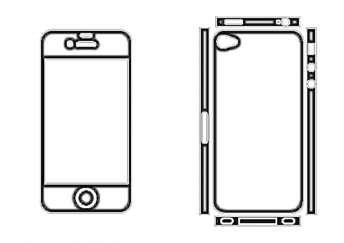 телефон айфон с передней и задней панелью, экран, кнопка 
