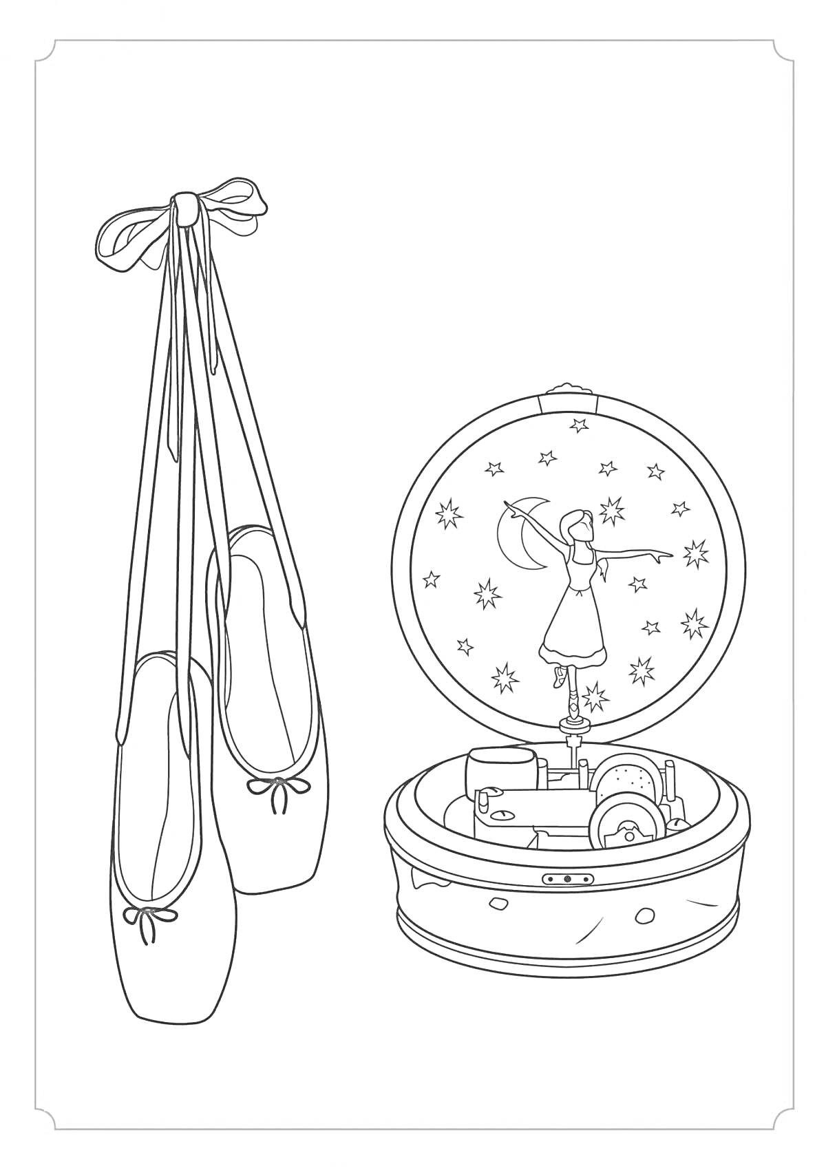 На раскраске изображено: Музыкальная шкатулка, Балерина, Балетки, Звезды, Луна, Танец, Украшения
