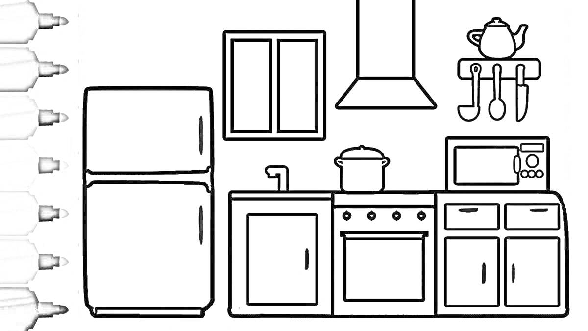 Раскраска Кухонная мебель и бытовая техника (холодильник, шкафчик с раковиной, плита с духовкой, вытяжка, кастрюля, микроволновка, чайник, кухонные приборы, шкафы, окно)