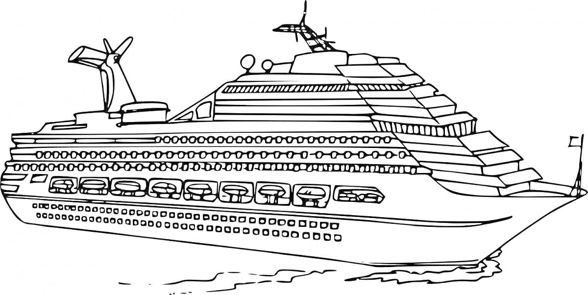 Круизный лайнер с окнами, палубами, трубами и рангоутами на волнах