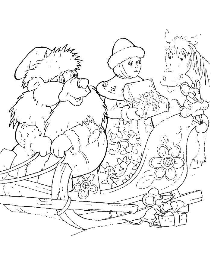 Мороз Иванович с санями, девочка и лошадь