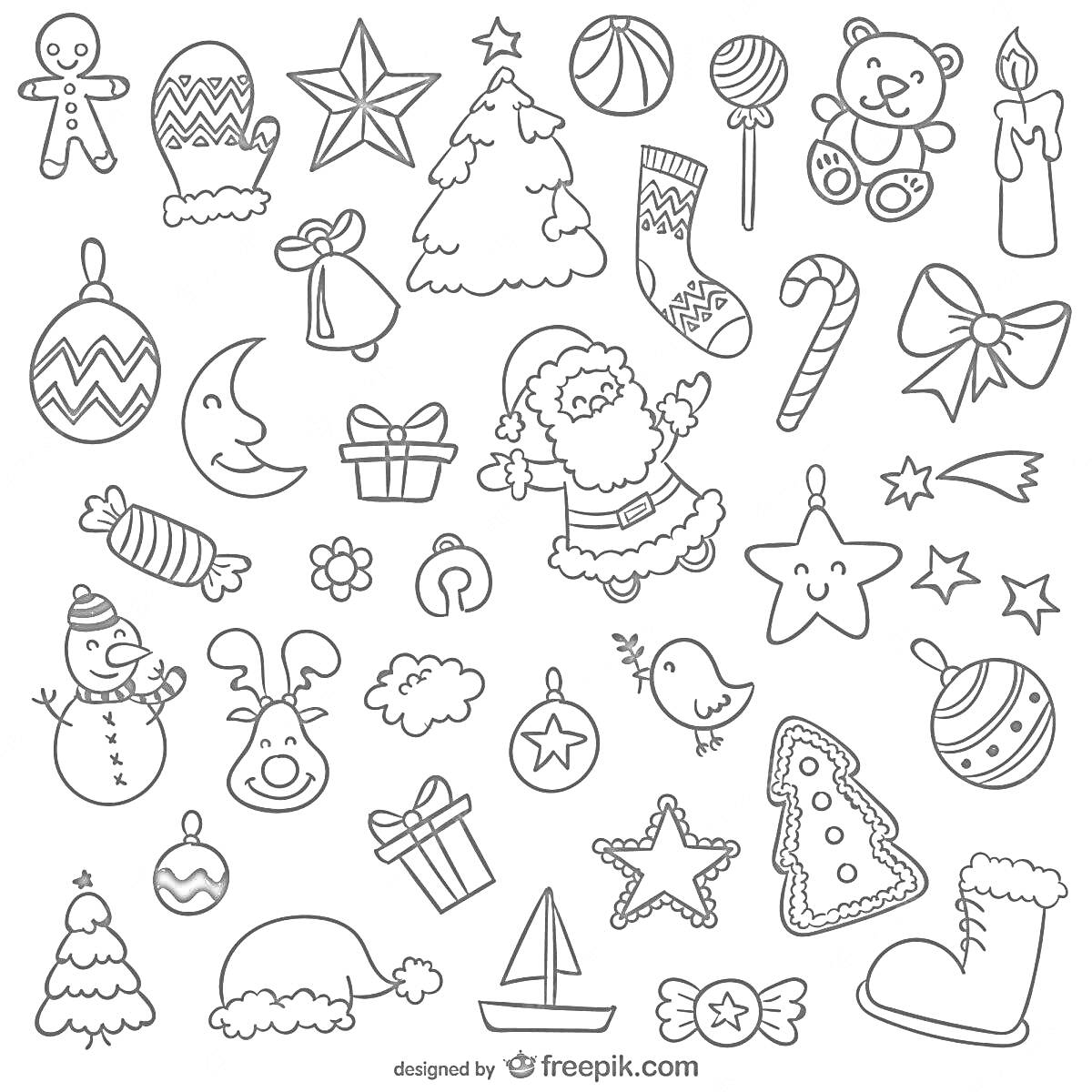 Раскраска Новогодние наклейки с новогодней елкой, Дедом Морозом, оленьими рогами, елочными шарами, пряником, подарками, конфетами, звездой, варежкой, снежным человеком, снеговиком, луной, колокольчиком, барабаном, птицей, свечой, медвежонком, лукой, леденцом, снеги