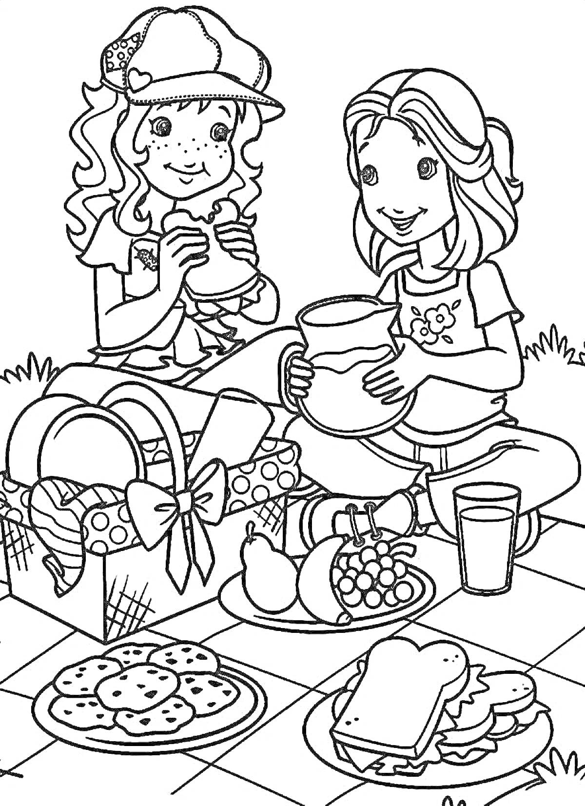 Раскраска Девочки на пикнике с бутербродами, фруктами и печеньем