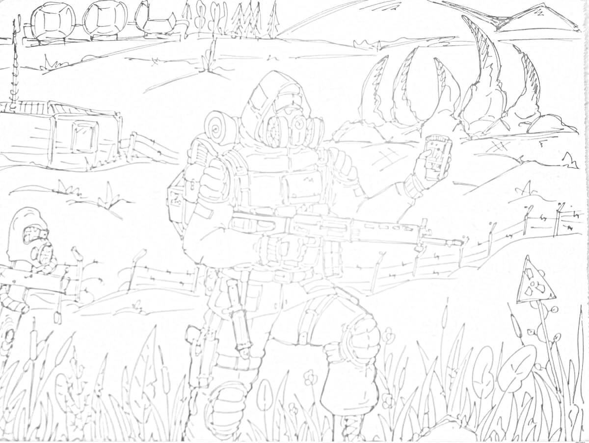 На раскраске изображено: Сталкер, Аномалия, Оружие, Поле, Трава, Заброшенные здания, Природа