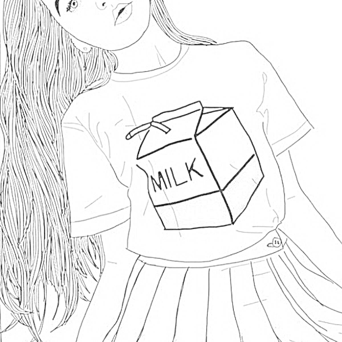 Раскраска Девушка с длинными волосами в юбке и футболке с изображением коробки молока