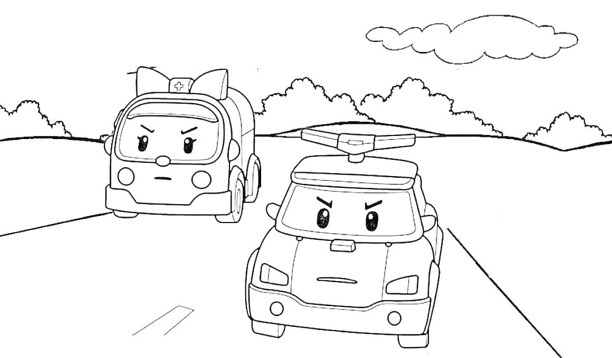 Раскраска Две сердитые машинки на дороге с фоном из холмов и облаков
