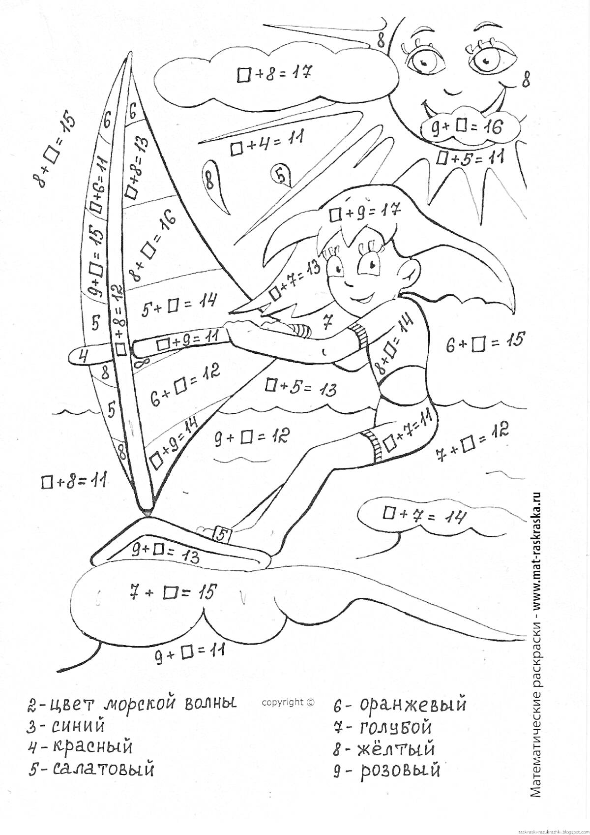 На раскраске изображено: Математика, Арифметика, Вода, Примеры на сложение, Учеба, Первый класс