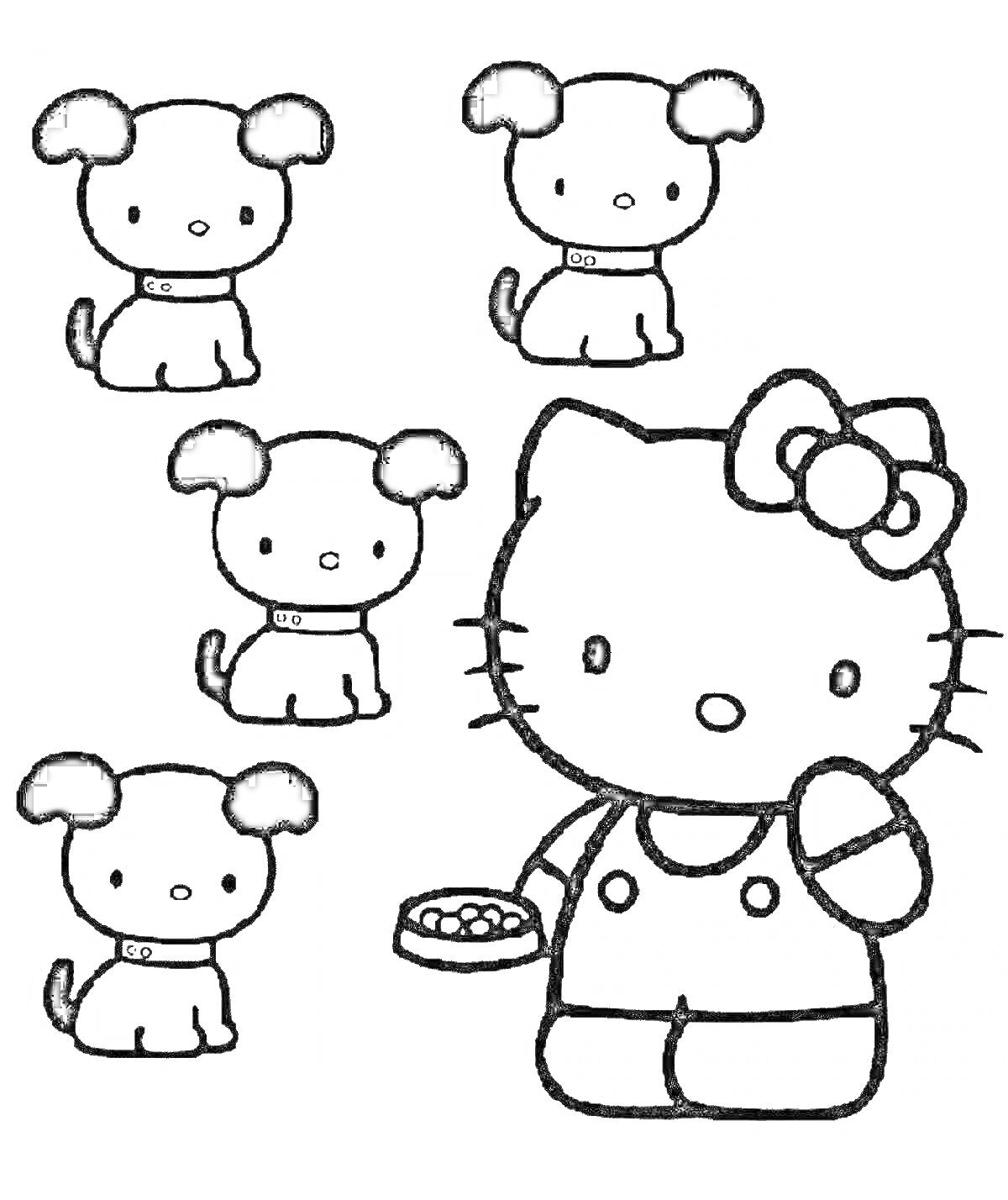 Раскраска Хеллоу Китти с миской и четыре щенка