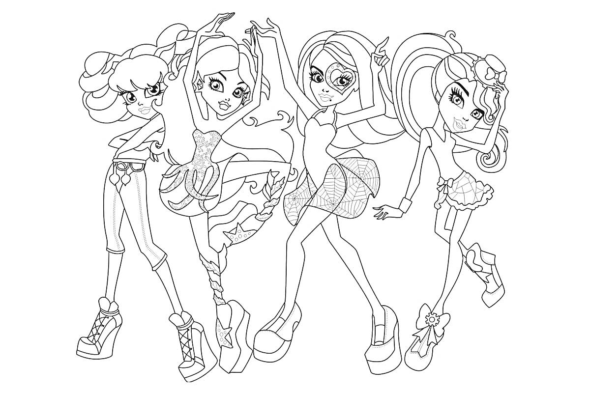Раскраска четыре танцующие девушки с длинными волосами, платформами и юбками