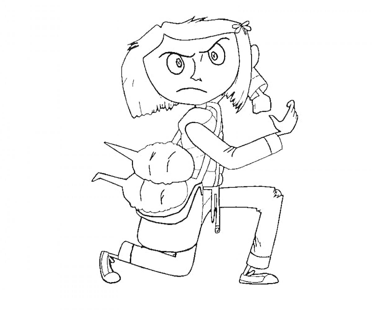 Раскраска Девочка с короткими волосами с повязкой на голове, держащая нунчаки, с сумкой через плечо в виде существа, в боевой позе