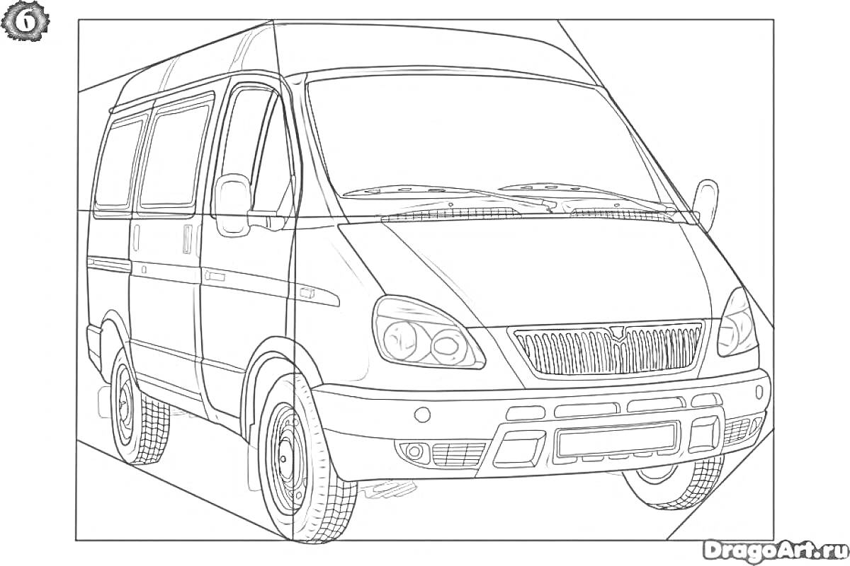 Раскраска Газель - Контур грузового автомобиля Газель с детализированными элементами кузова, колесами, фарами и решеткой радиатора