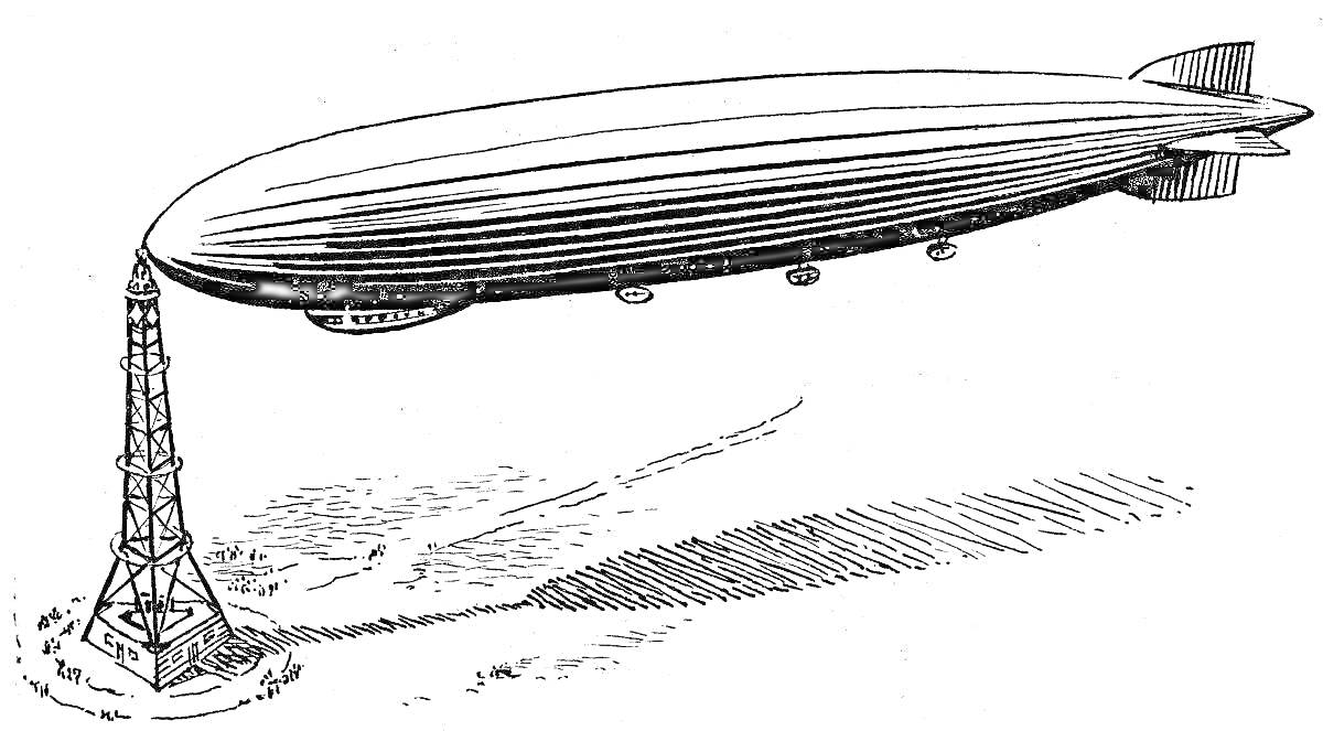 Раскраска Дирижабль рядом с радиомачтой
