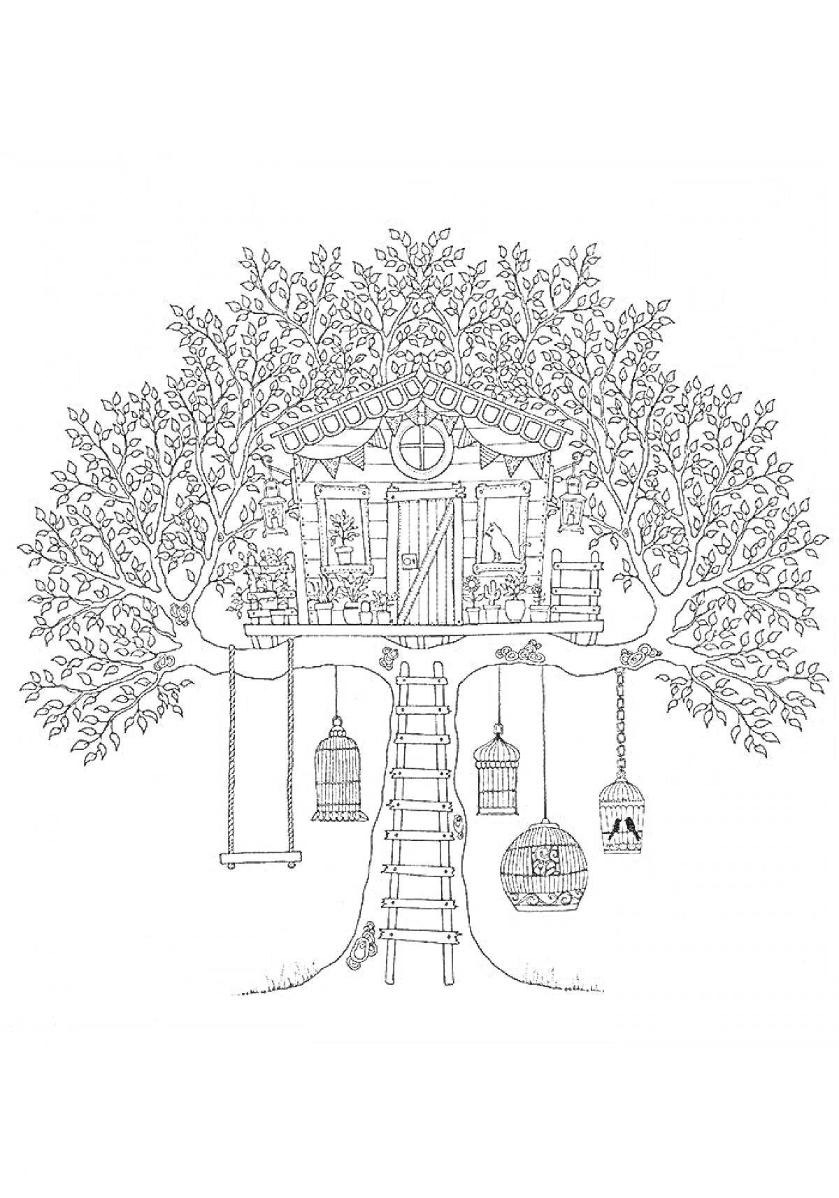 На раскраске изображено: Волшебный сад, Дом на дереве, Лестница, Качели, Листья, Домик, Природа, Сад