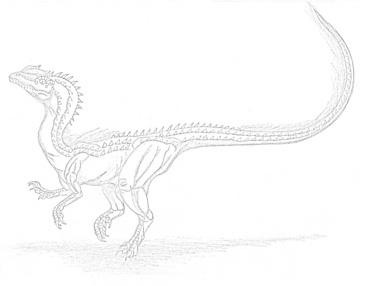 Раскраска Дилофозавр на фоне земли, вид сбоку