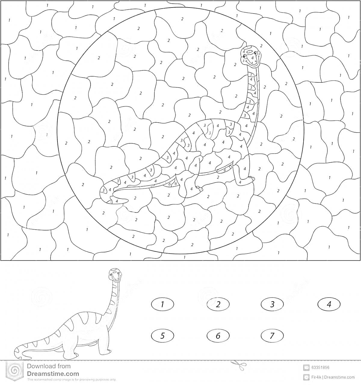 Раскраска Динозавр на фоне мозаики с камнями, раскраска по цифрам, семь номеров цветов