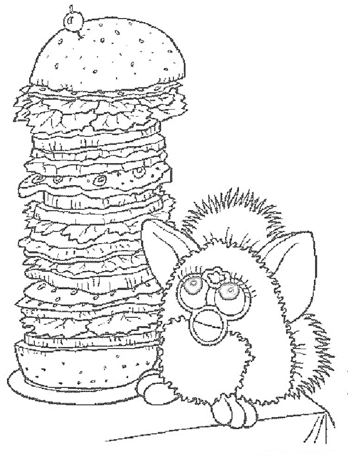 Раскраска Многоярусный бутерброд на тарелке и волосыстое существо с большими глазами