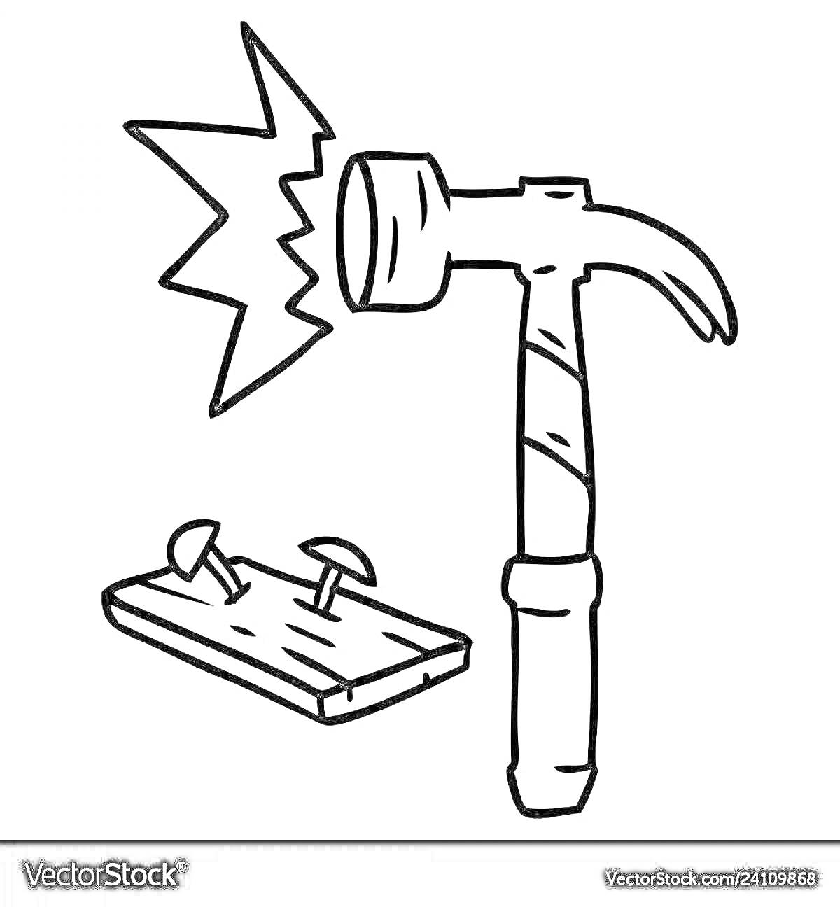 Раскраска Молоток и доска с гвоздями