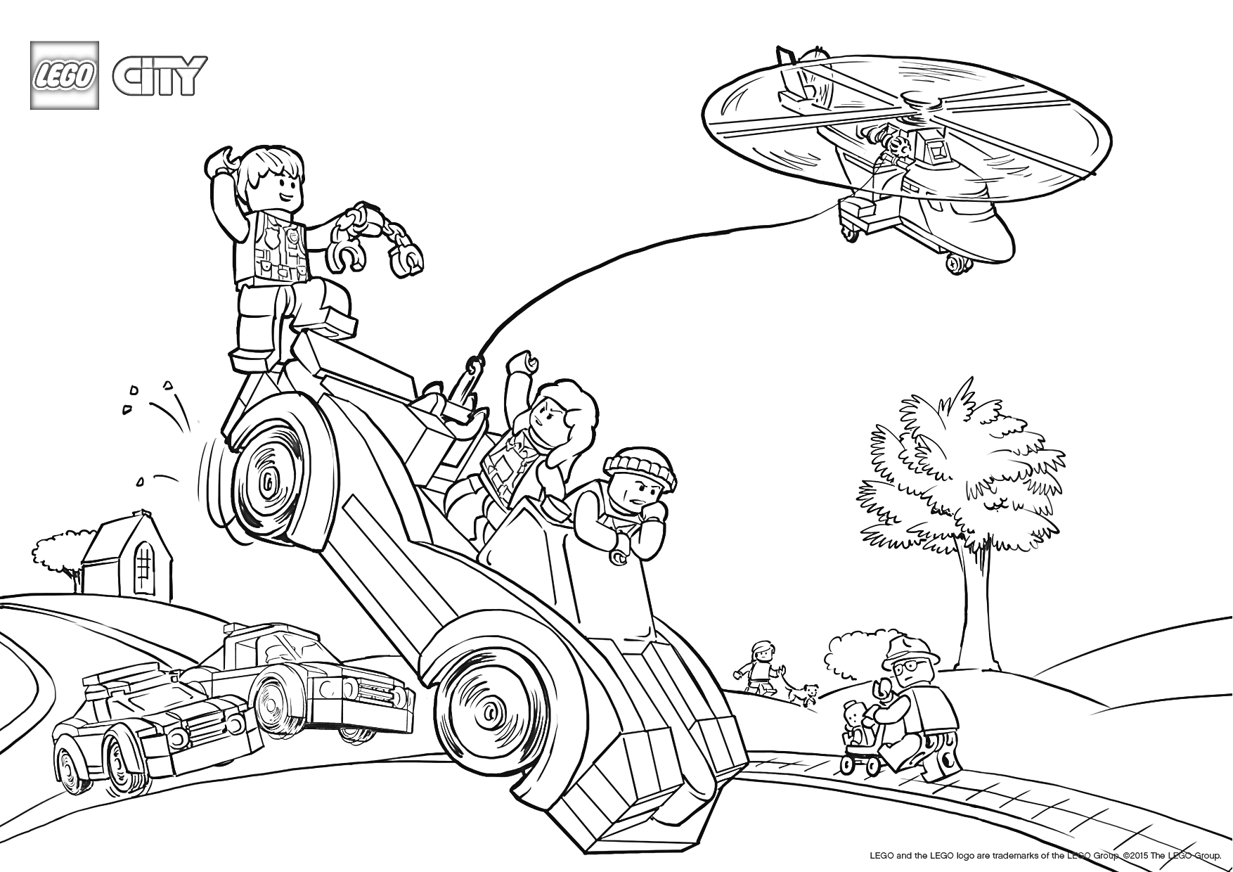 На раскраске изображено: Вертолет, Коробка, Женщина, Для детей, Деревья, Дороги, Полиция, Авто