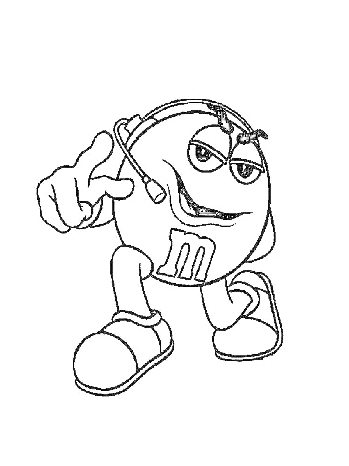 Раскраска M&M's персонаж с гарнитурой, указывающий пальцем