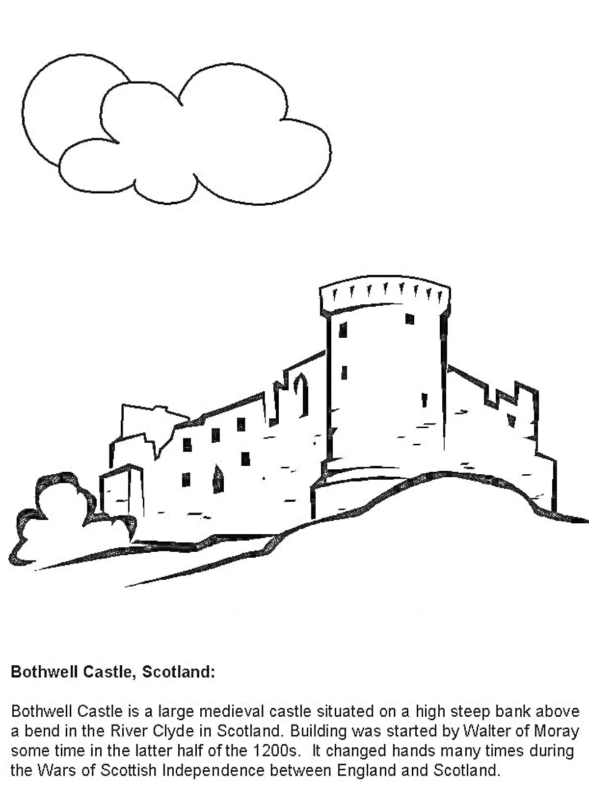 Раскраска Bothwell Castle, Шотландия, с облаком и деревьями