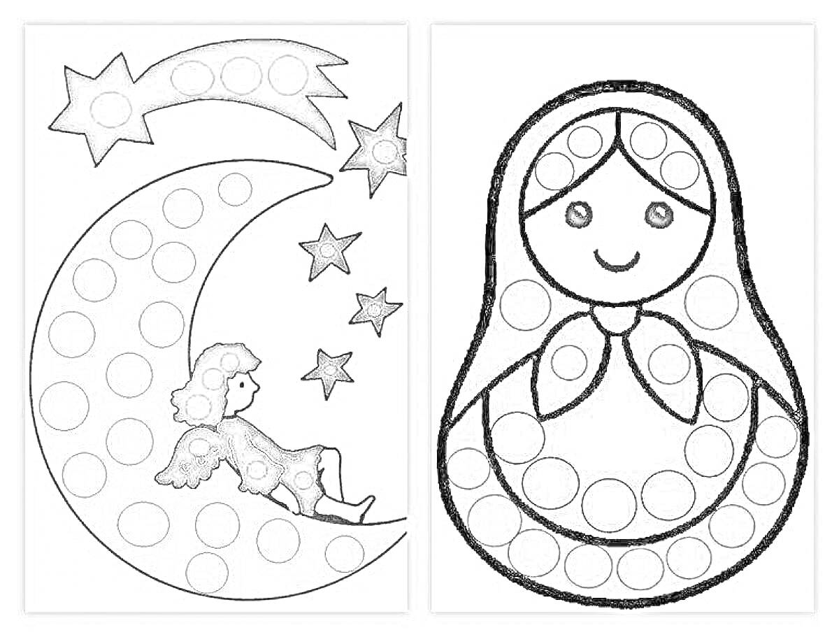 На раскраске изображено: Матрешка, Луна, Звезды, Арт, Мандала, Для детей, Девочка