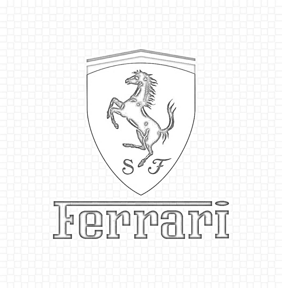 Раскраска Значок Ferrari с изображением вздыбившейся лошади и буквами 