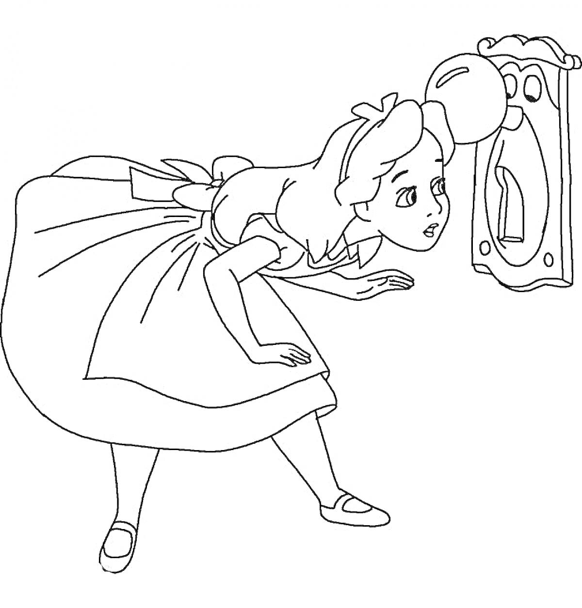 На раскраске изображено: Алиса, Из сказок, Девочка, Дверь, Взгляд, Классическая литература, Сказочные персонажи