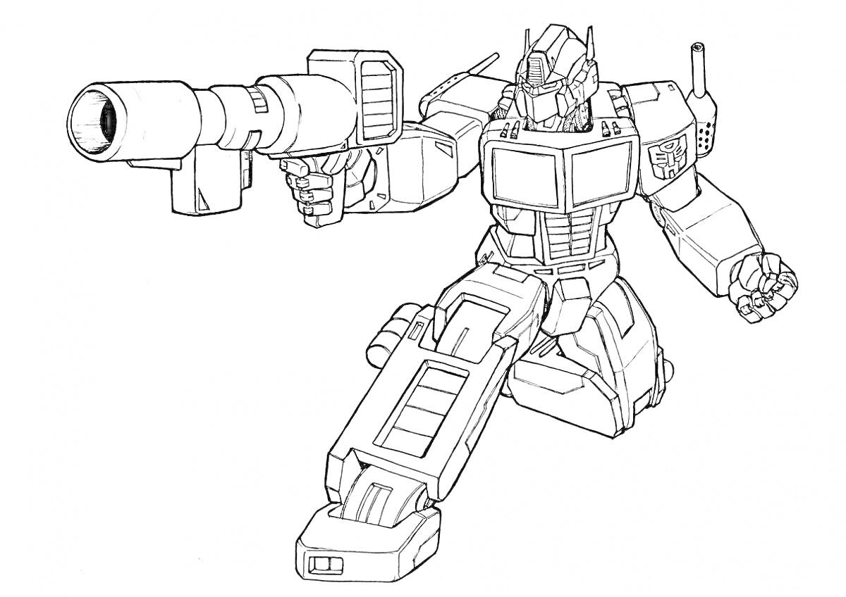 На раскраске изображено: Трансформеры, Прайм, Робот, Пушка, Оружие