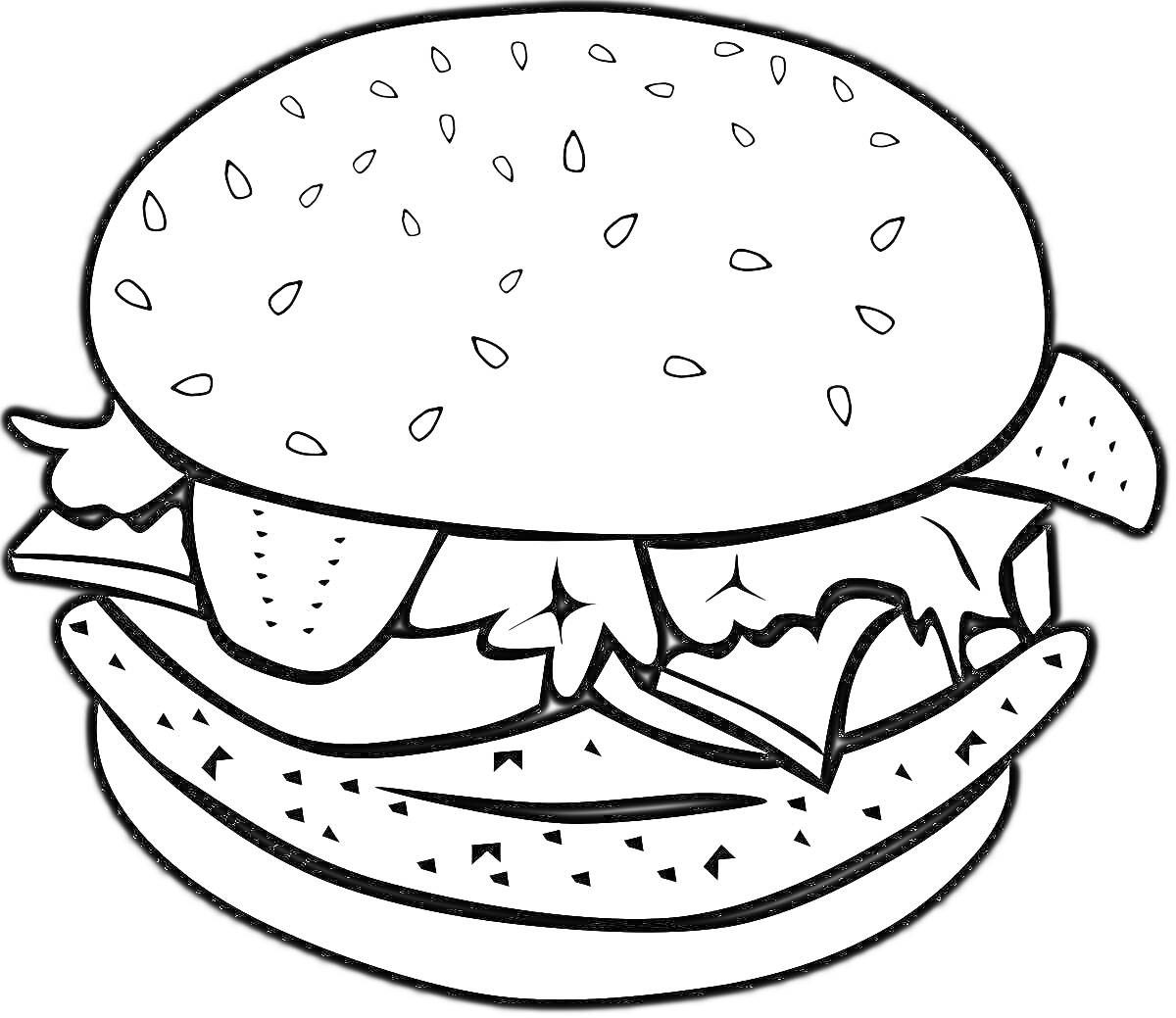 Раскраска Гамбургер с мясом, сыром, салатом и булочкой с семенами