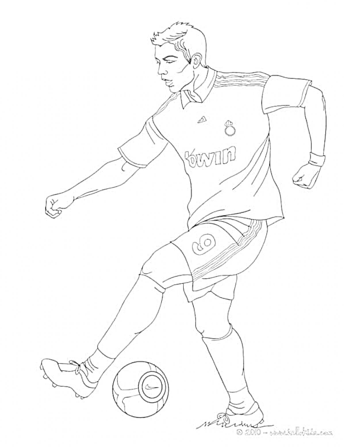 На раскраске изображено: Футболист, Форма, Спортивная одежда, Удар, Спорт