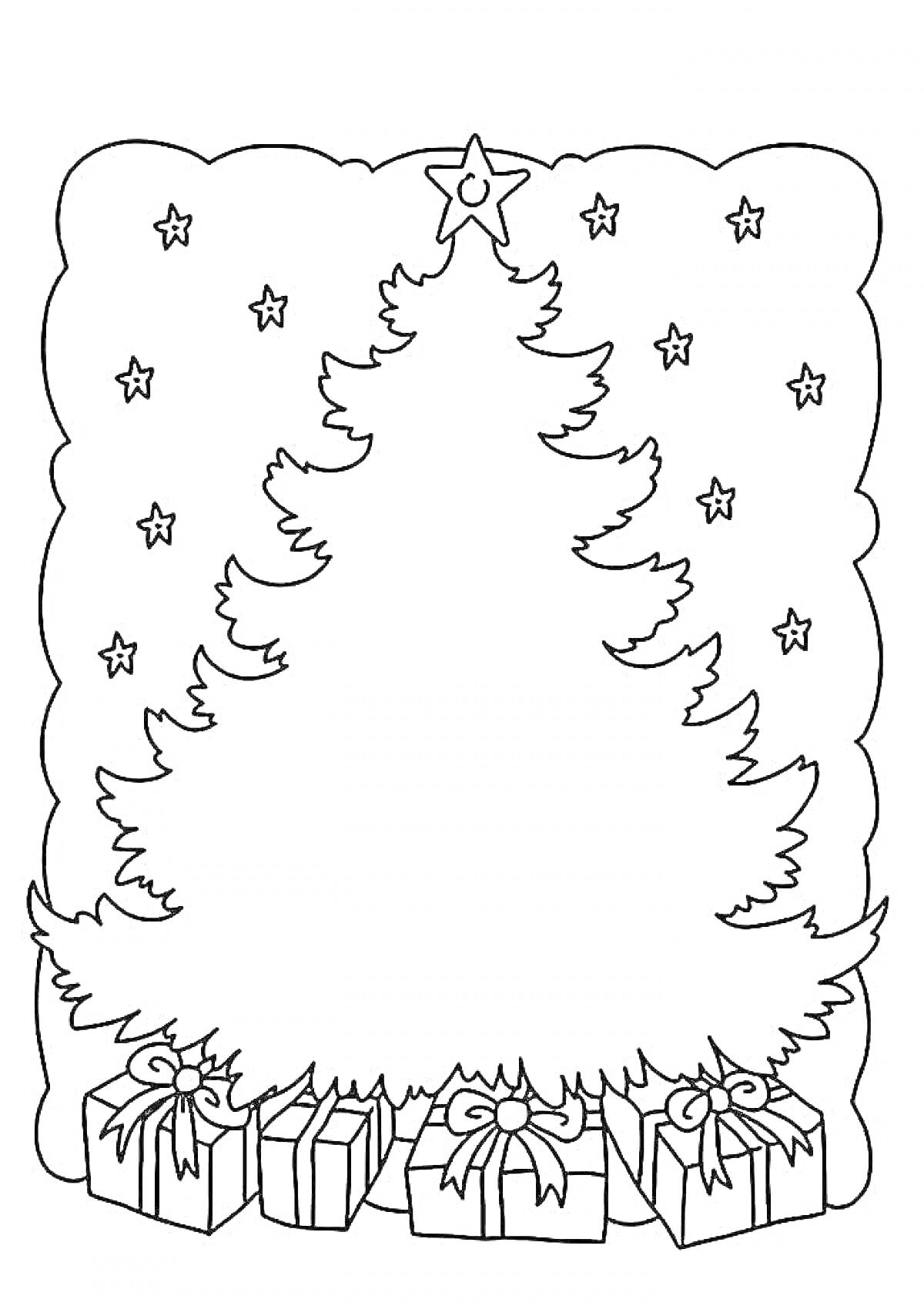 На раскраске изображено: Новогодняя елка, Подарки, Звезды, Новый год