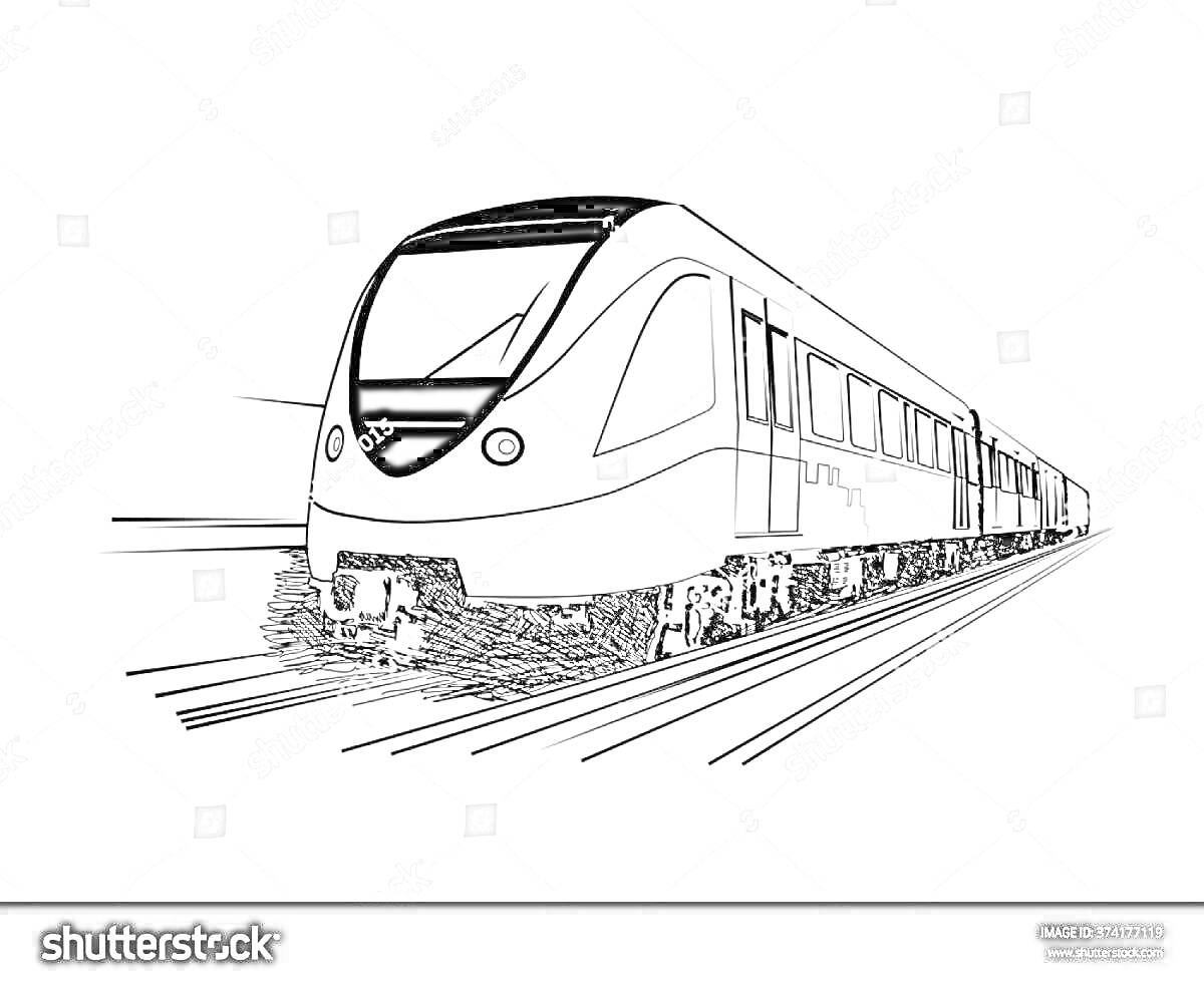 На раскраске изображено: Поезд, Ласточка, Рельсы, Транспорт, Вагоны, Железная дорога, Движение, Железнодорожный транспорт