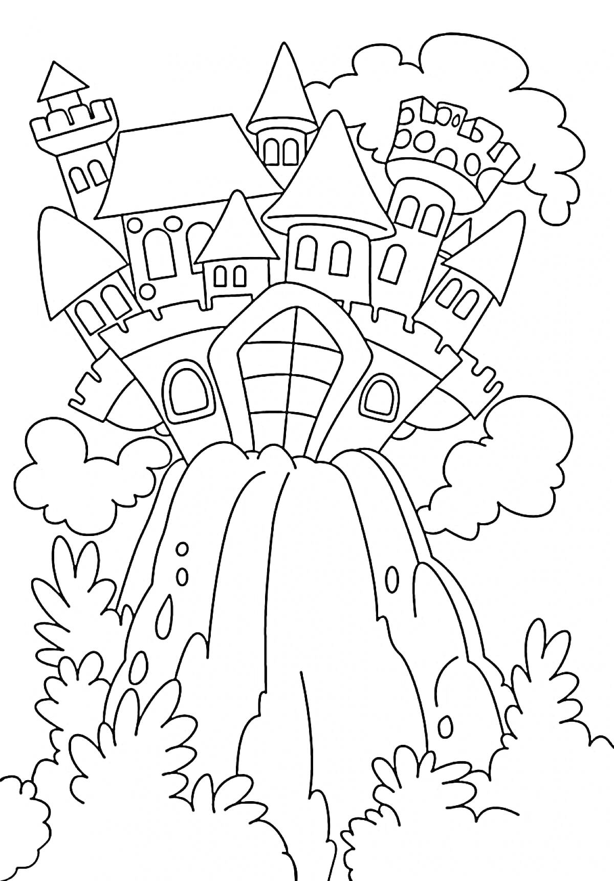 Раскраска Замок на скале с башнями, окружённый облаками и растениями