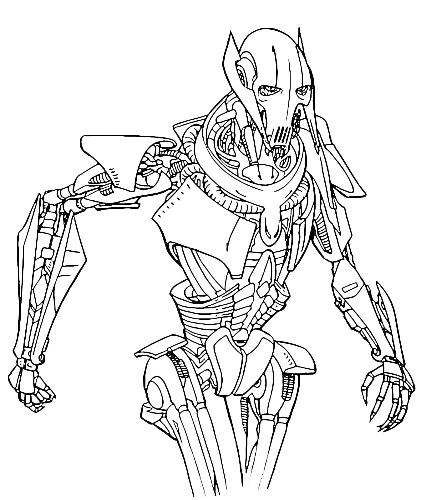 На раскраске изображено: Генерал Гривус, Робот, Доспехи, Механика, Киборг, Воин, Персонаж, Звездные войны