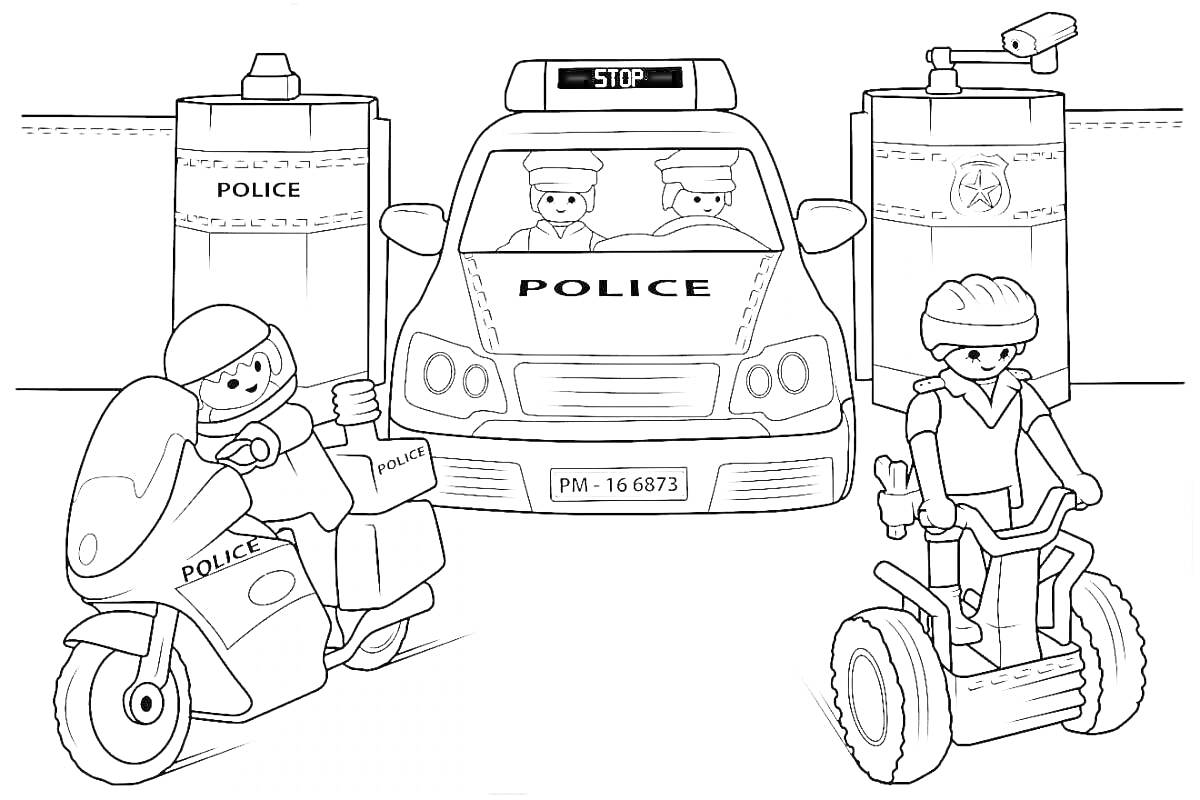 Раскраска полиция на мотоцикле, машине, и Сегвее'