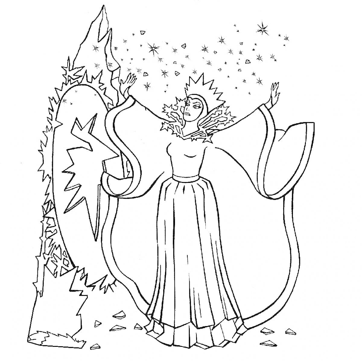 На раскраске изображено: Снежная королева, Снежинки, Зимняя сказка, Волшебство, Корона