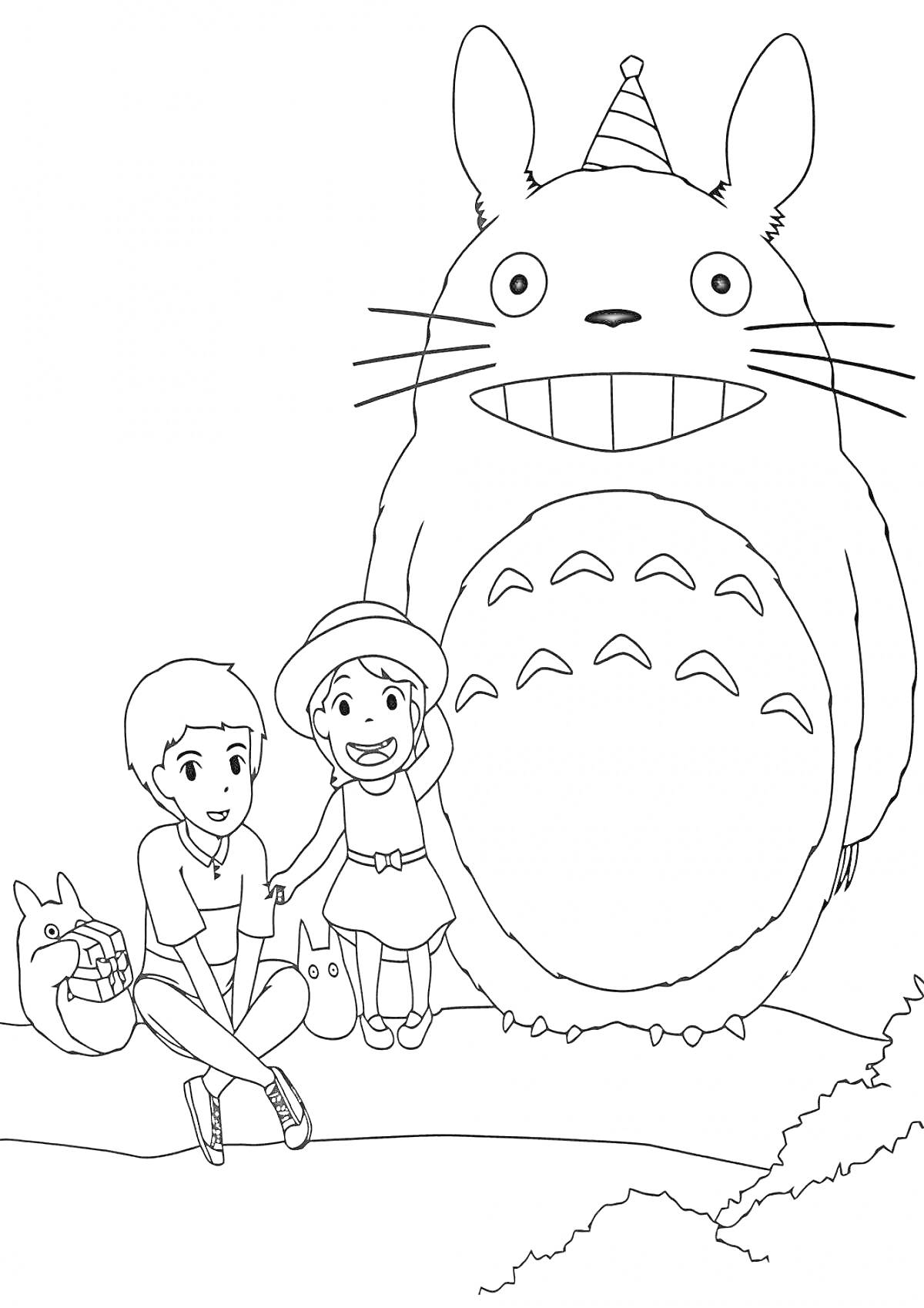 Раскраска Тоторо и дети на скамейке, с маленьким тоторо и подарком