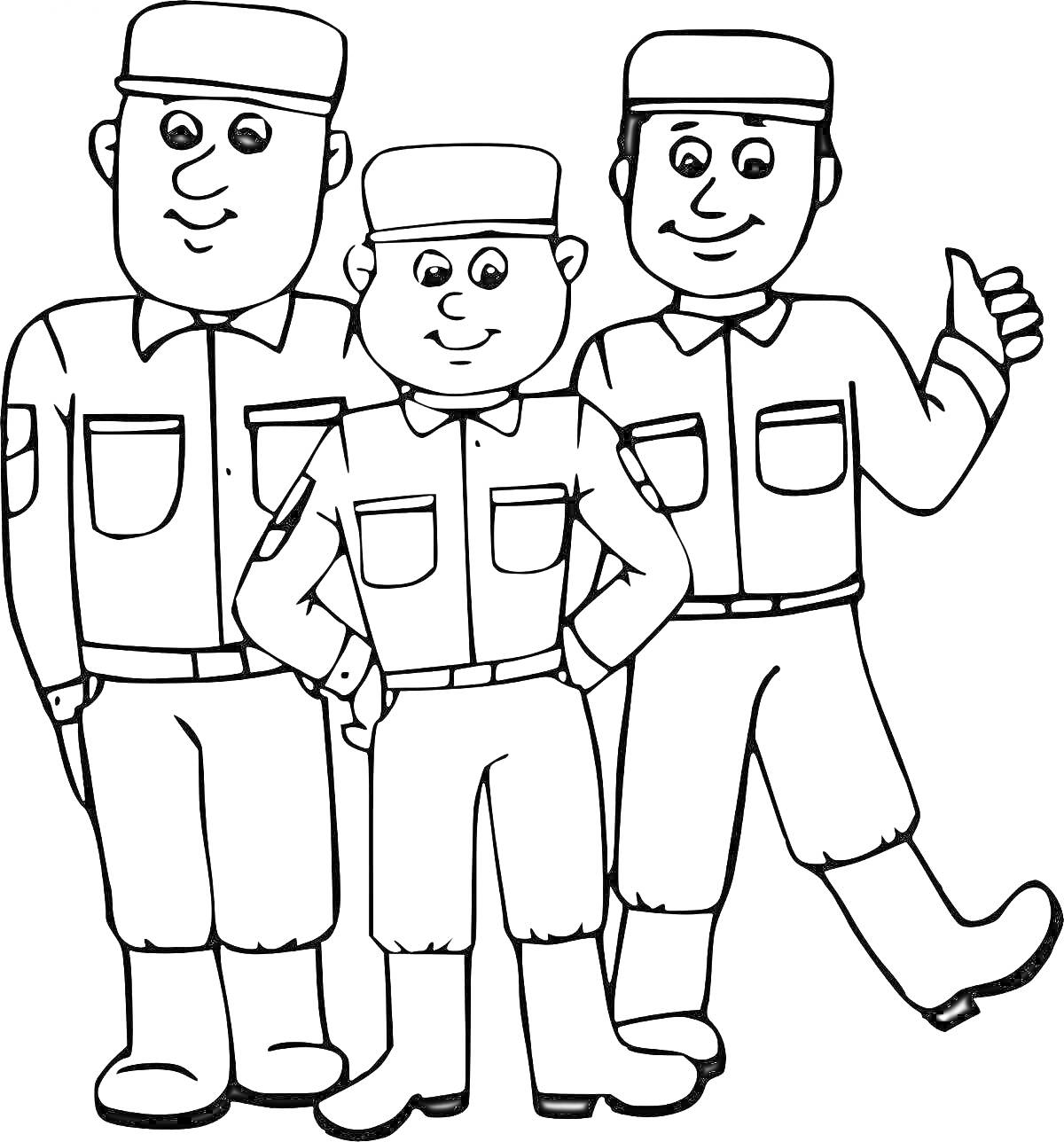 Раскраска Три солдата в форме на раскраске