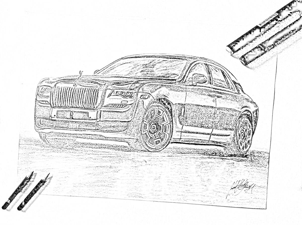 Раскраска Рисунок Rolls-Royce Phantom с карандашами и маркерами в правом верхнем углу и две заточенные черные карандаши слева