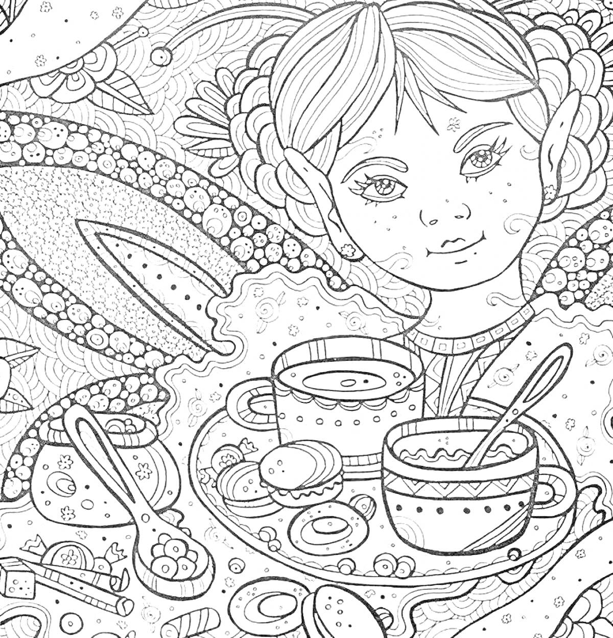 Раскраска эльф с чашками чая, ложками и пирожными на фоне декоративных узоров