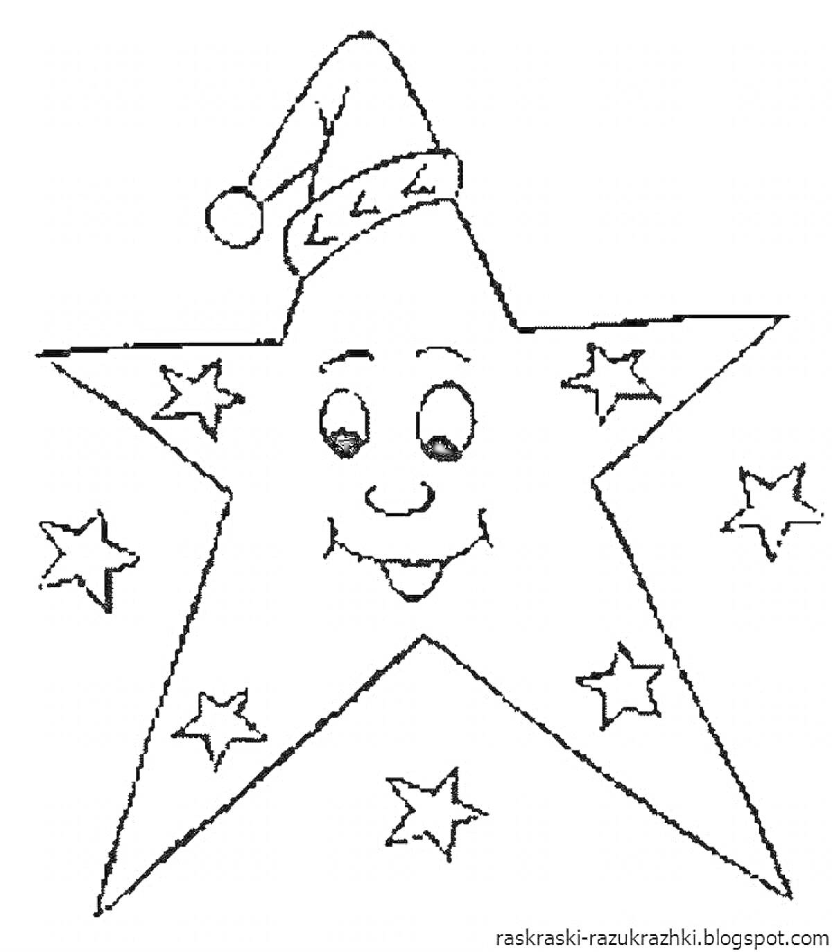 Раскраска Рождественская звезда с лицом в колпаке и пять маленьких звезд вокруг