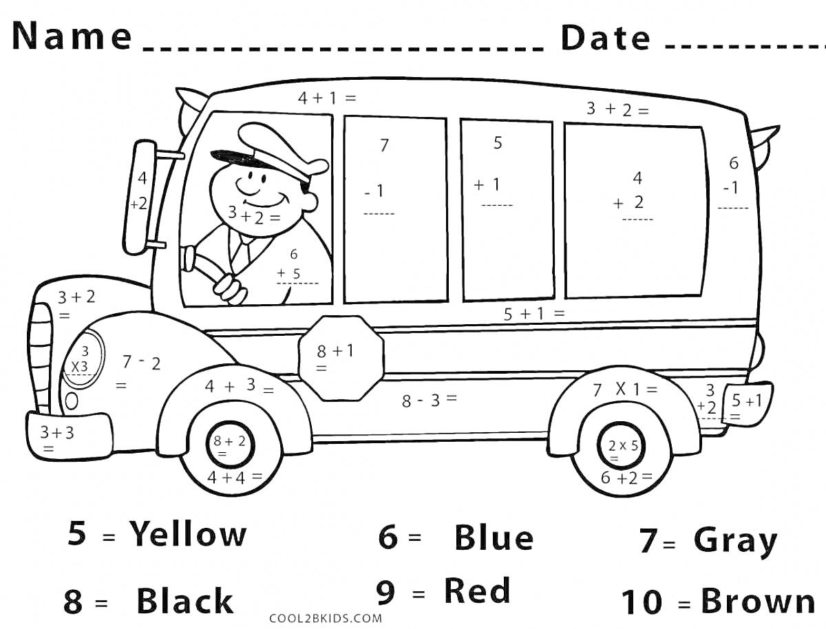 На раскраске изображено: Автобус, Водитель, Математика, Школьный автобус, Цифры, Учеба, Арифметика, Счет, Задания