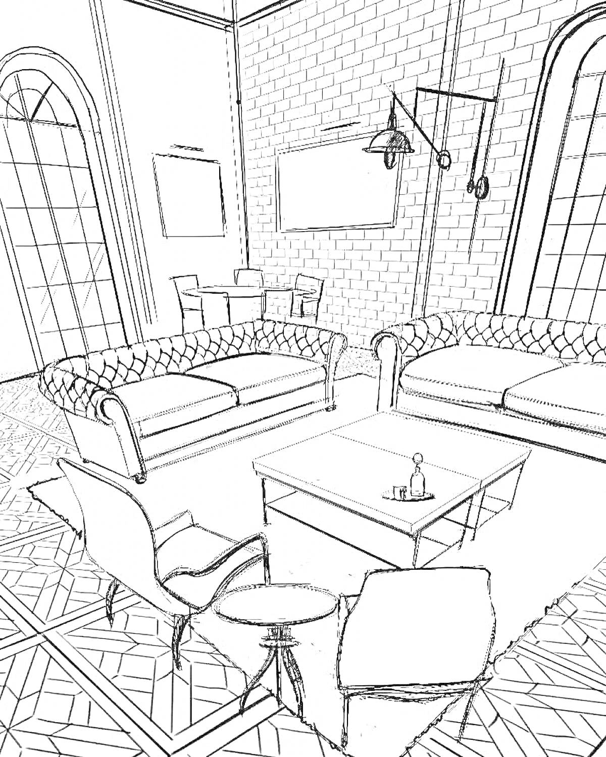 Раскраска Гостиная с двумя диванами, двумя стульями, креслом и журнальным столиком