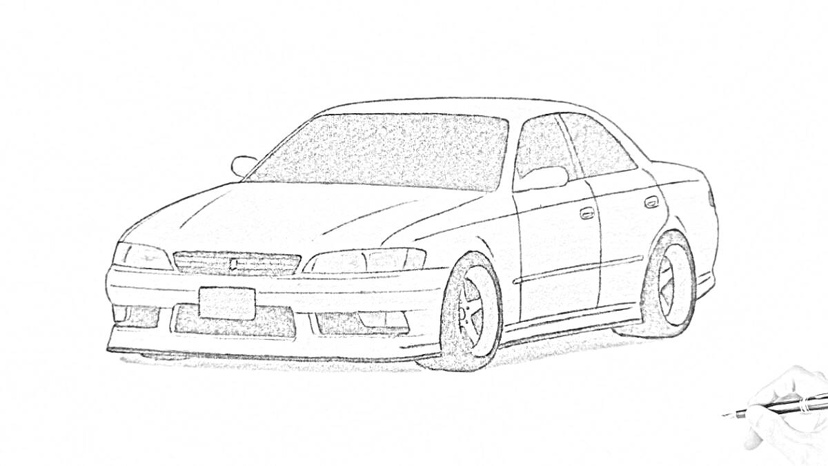 Раскраска Черно-белая раскраска автомобиля Mark 2 с выделенными линиями и затемнениями, нарисованный карандашом